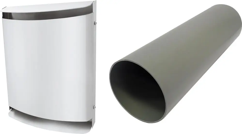 Zwei Lüftungselemente: links eine weiße Metall-Außenhaube mit gebogenen Kanten, rechts ein grauer zylindrischer Rohrelement. Beide Produkte könnten Bestandteil eines Bosch-Lüftungssystems sein.